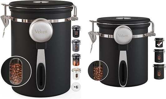 Veken Coffee Canister with Window, Airtight Stainless Steel Kitchen Food Storage Container with Date Tracker and Scoop for Grounds Coffee, Beans, Tea, Flour, Cereal, Sugar, 22&16OZ,Black