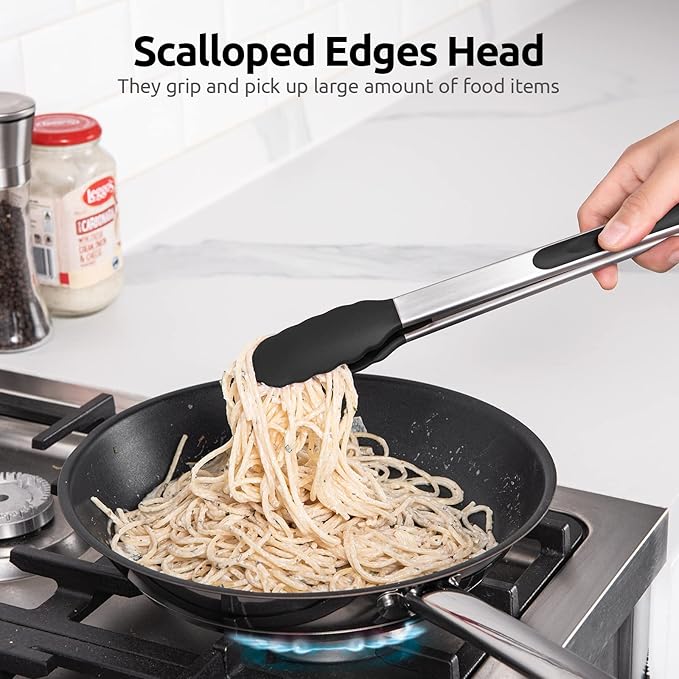 Heat Resistant Silicone Kitchen Tong: U-Taste 12 inch Large 480ºF Hot Proof Cooking Tong with Sturdy Non Stick Rubber Tips & Silicon Coated Steel Handle & Smooth Locking for Serving Grill Salad(Black)