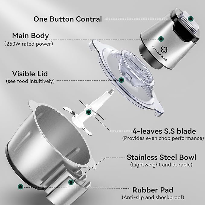 LINKChef Food Chopper, 5 Cup Food Processor Mini Electric, 1.2L 250W Meat Grinder with 4 Bi-Level Blades, Stainless Steel Mincer for Kitchen, Vegetable, Onion, Garlic, Salad, Baby Food, Fruit, Nuts