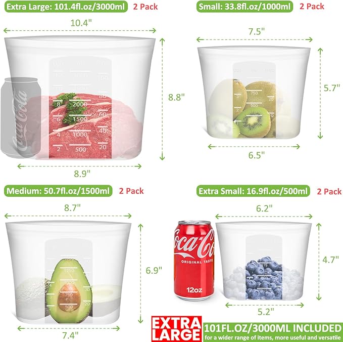 Reusable Storage Bag, 8 Pack 100% Silicone Food Storage Bags Stand Up Zip Lock Bags for Food, Freezer Microwave Oven Dishwasher Safe, 2 X-Large(0.8 Gallon) 2 Medium 2 Small 2 X-Small, Translucent