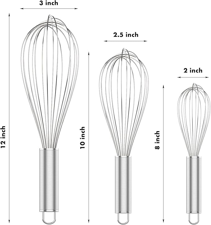 304 Stainless Steel Whisk Set, Dishwasher Safe Rustproof Metal Whisk, Professional Balloon Wire Whisks for Kitchen Cooking, Perfect For Blending, Whisking, Baking, Beating, 3 Packs (8" 10" 12")