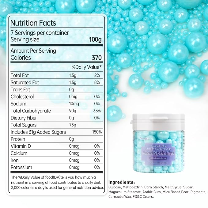 Dazzjoy Blue Edible Pearl, Edible Pearls Sugar Sprinkles, 130g/4.58oz, Blue Pearls Sprinkles for Cake Decorating, Cupcake Toppers