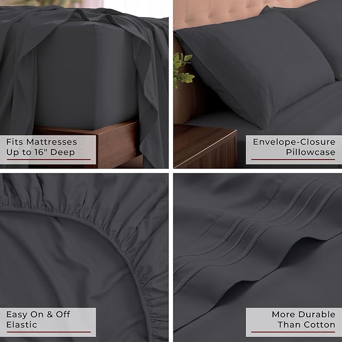 Mellanni King Sheets Set - 4 PC Iconic Collection Bedding - Hotel Luxury, Extra Soft, Cooling Bed Sheets - Wrinkle, Fade, Stain Resistant (King, Charcoal)