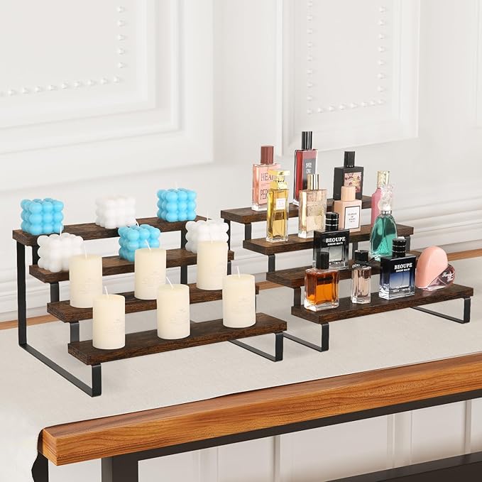 YINMIT Wooden Display Riser Stand, Tiered Perfume and Cologne Organizer Stand, 4 Tier Spice Rack Organizer, Rustic Display Shelf for Candles (4 Tier, 2 Pack)