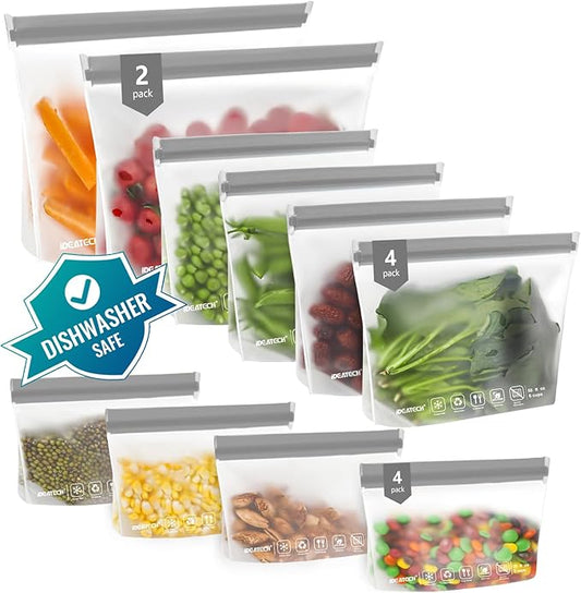 IDEATECH 12Pack Food Storage Bags Dishwasher Safe, BPA Free Gallon Freezer Bags, Reusable Snack Bags, Leakproof BPA Free Reusable Baggies for Lunch,Travel(2Gallon 4Quart 4Snack, Grey)