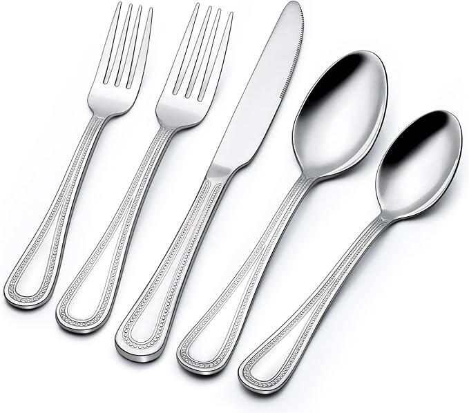 40 Piece Silverware Set for 8, Terlulu Stainless Steel Flatware Set, Mirror Polished Cutlery Set Utensil Set, Tableware Include Forks Spoons Knives for Home Restaurant, Beaded Handle, Dishwasher Safe