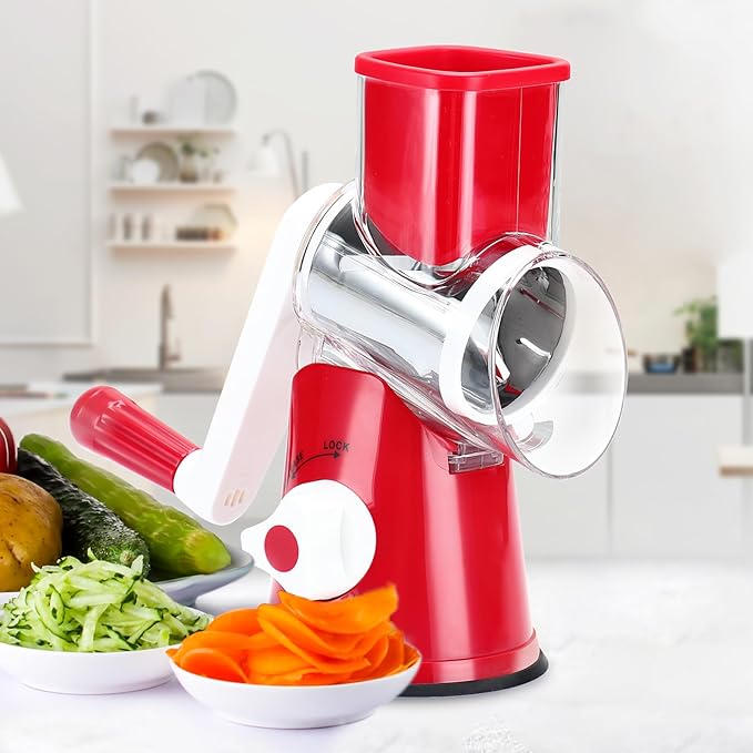 Cambom Rotary Cheese Grater Hand Crank Cheese Shredder for Fresh Cheese, Vegetable, Nuts,Non-slip Suction Base, Free Cleaning Brush Three Blades, Red