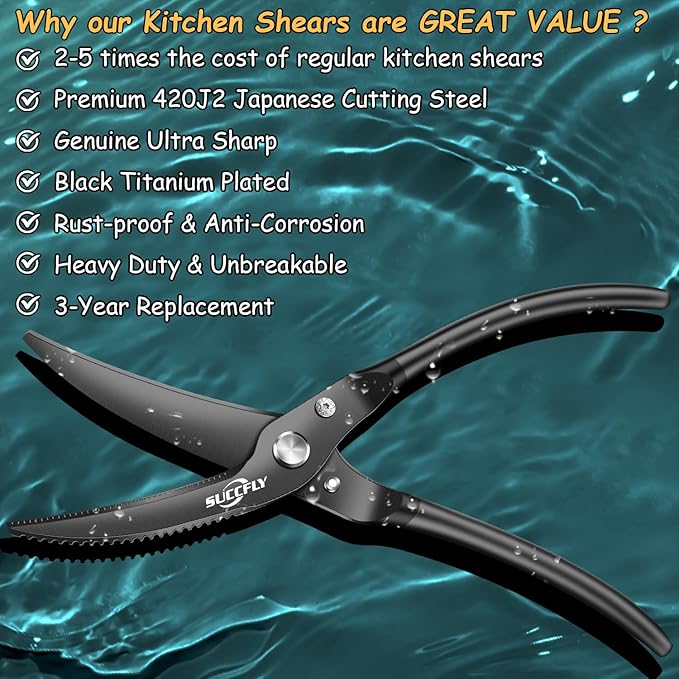 Kitchen Shears Heavy Duty, Premium Kitchen Scissors Stainless Steel, 8.8" Poultry Shears Ultra Sharp for Bone Chicken Meat, Food Scissors Anti-Slip Handle, Black Titanium Plated, Spring Loaded