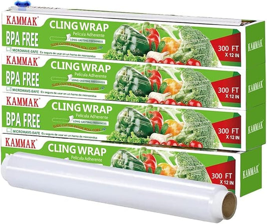 KAMMAK Plastic Wrap with Slide Cutter - 4 Pack 12 inch Clear Cling Film, 300 Square FT Roll - BPA Free, Microwave Safe, Quick Cut Kitchen Wrap