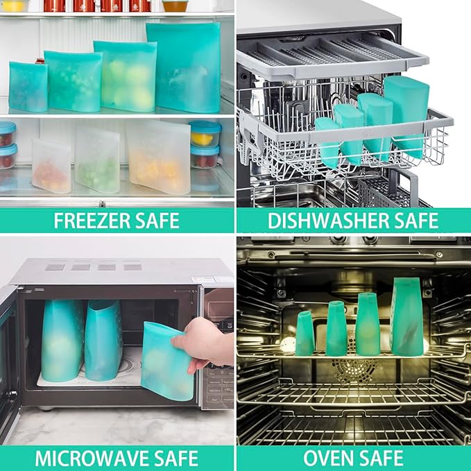 Reusable Storage Bag, 8 Pack 100% Silicone Food Storage Bags Stand Up Zip Lock Bags for Food Container, Freezer Microwave Oven Dishwasher Safe, 2 X-Large(0.8 Gallon) 2 Medium 2 Small 2 X-Small, Aqua