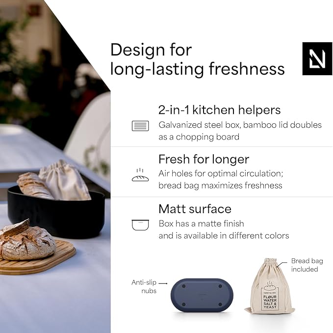 LARS NYSØM Bread Box I Metal Box with linen bag for long lasting freshness I Bread Bin with bamboo lid usable as cutting board I 14.2x7.5x5.1 In (Midnight Blue)