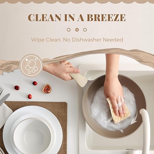 Nonstick Frying Pan, 8/10/12 Inch Stain/Scratch/Crack Proof Chef Pan, Healthy Skillet, PFOA Free Omelet Pan, Dishwasher & Oven Safe, Induction Compatible (12-Inch, Natural Linen)