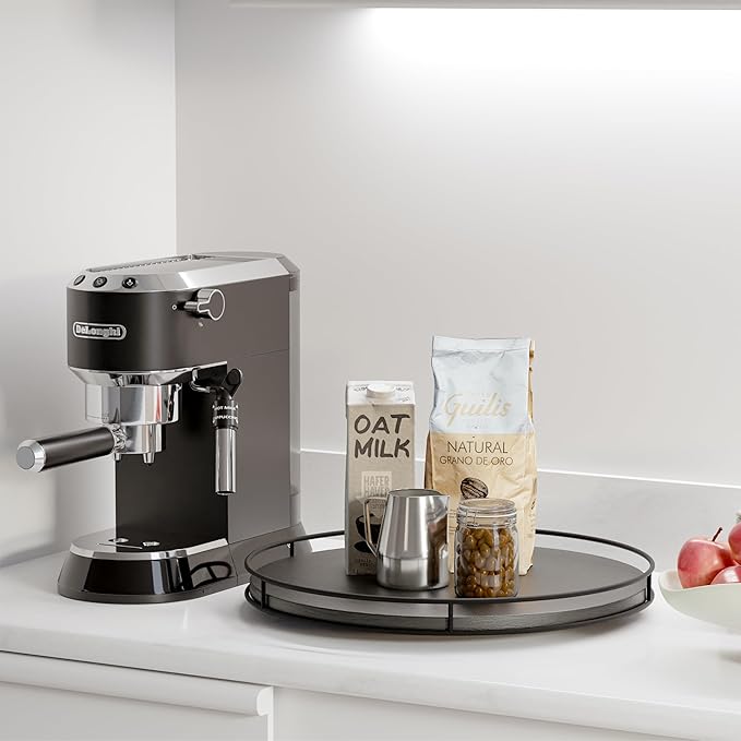 16" Acacia Wood Lazy Susan Turntable with Metal Frame - Large Black Lazy Susans Organizer Countertop Storage - Wooden Serving Tray for Charcuterie Cheese Board - Kitchen Counter Rotating