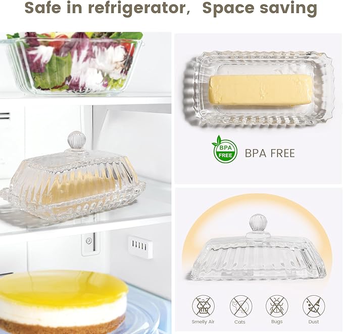 Glass Butter Dish with Lid for Countertop,Vintage Crystal Butter Container for Counter,Covered Glass Butter Keeper,Butter Tray for Refrigerator,Butter Holder with 4oz Butter