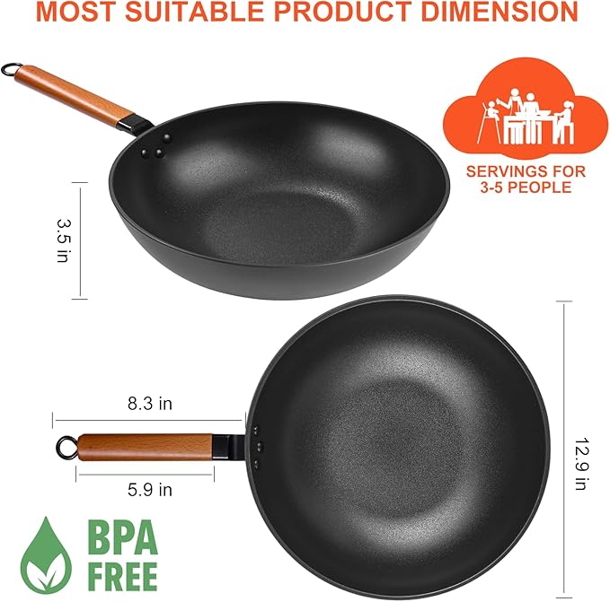 Carbon Steel Wok Pan - 12.9" Woks & Stir-Fry Pans Nonstick with Spatula: Flat Bottom Wok for Electric, Induction and Gas Stoves