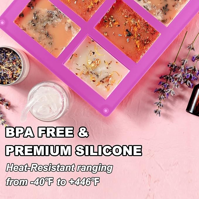 2 Pack Silicone Soap Molds, 6 Cavities Rectangle Silicone Soap Molds, Great for Homemade Craft Soap Mold, Chocolate Mold, Cake Mold ＆ Ice Cube Tray - Just Pop Out（Purple)