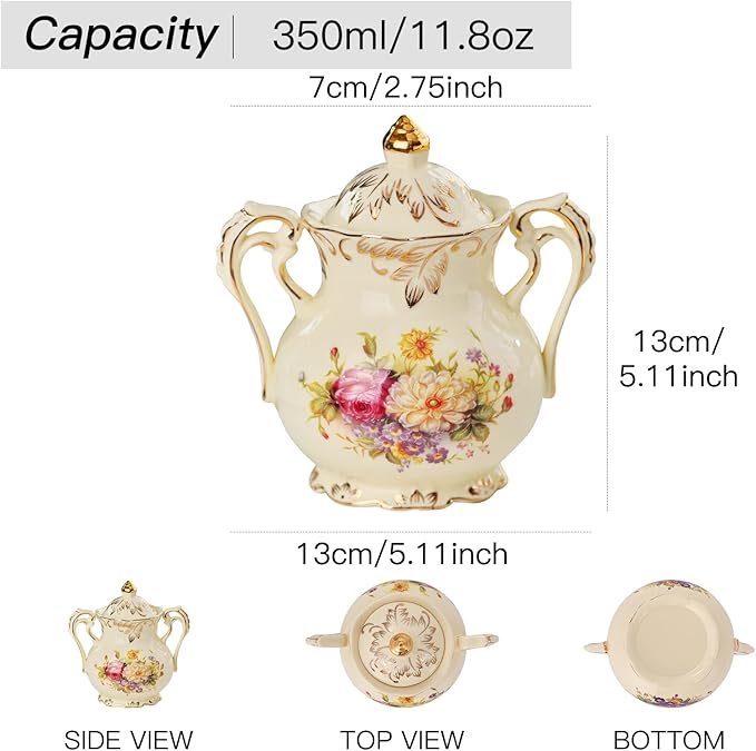 YOLIFE Ceramic Sugar and Creamer Set, Vintage Ivory Flowering Shrubs Golden Leaves Edge Porcelain Creamer Sugar Bowl with Lid Coffee Server Set Gifts