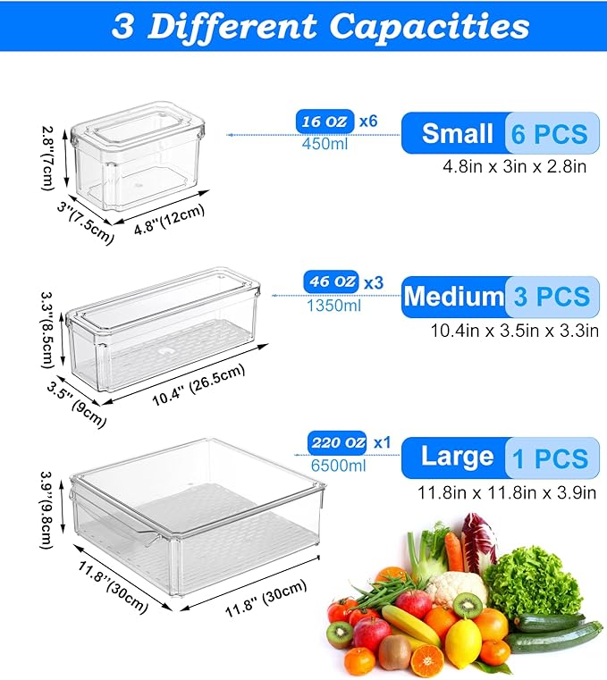 10 Pack Fridge Organizer, Stackable Refrigerator Organizer Bins with Lids, BPA-Free Produce Fruit Storage Containers for Storage Clear for Kitchen, Food, Drinks, Vegetable Storage