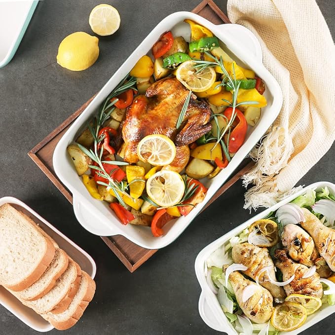 Sweejar Casserole Dishes for Oven, Ceramic Bakeware Set of 3, Lasagna Pan Deep with Handle, Rectangular Baking Pan Set, 9x13 Baking Dish for Cooking, Banquet and Daily Use (Red)