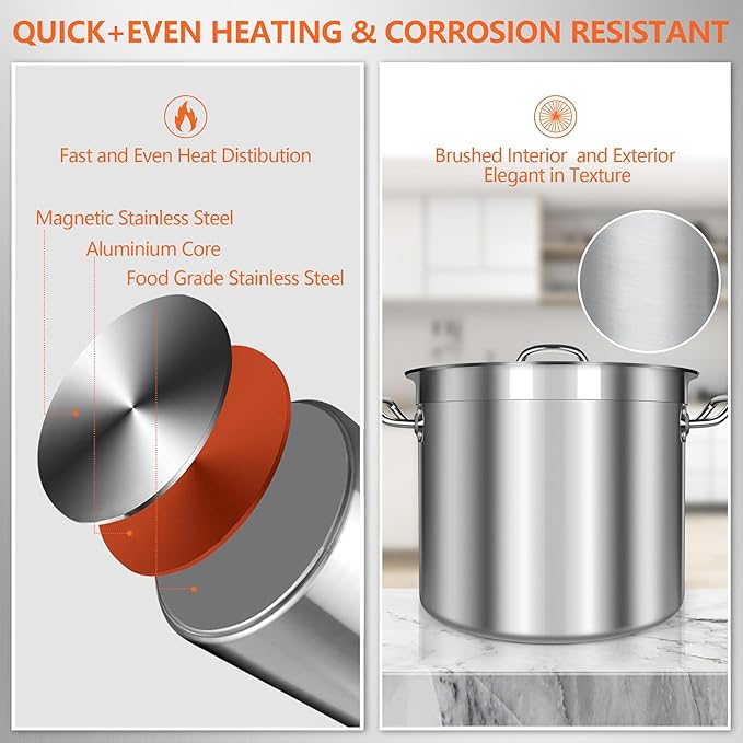 Stock Pot 20 Quart - Stainless Steel Stock Pot with Lid – Heavy-Duty Cooking Pot for Soup, Stew, Pasta – Commercial & Home Use, Induction Compatible - 5 Gallon