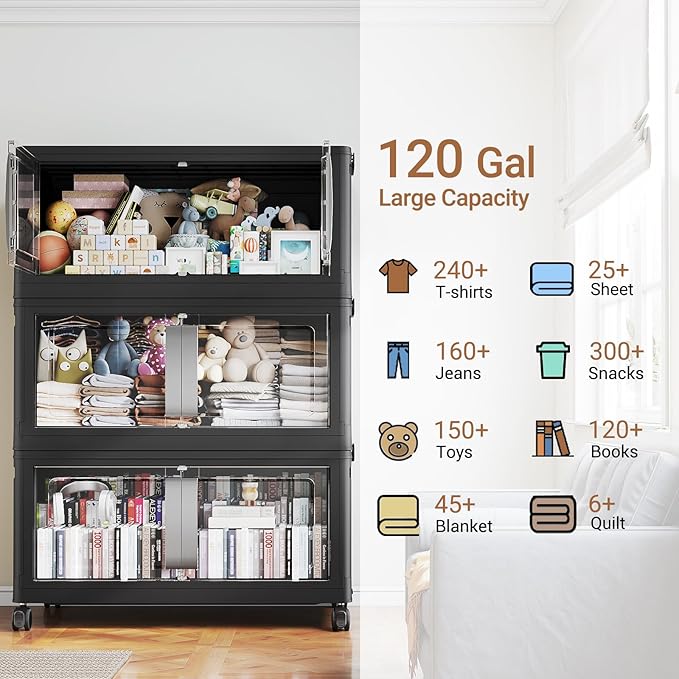 480QT Stackable Storage Bins with Lids, 120Gal Extra Large Collapsible Storage Box with Wheel, Plastic Storages with Clear Door Open Front for Home Bedroom Garage, Black-3pack(3 lids)