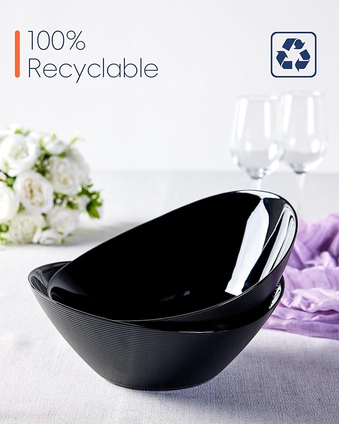 66 OZ Salad Bowl Set of 2, Opal Glass 10 inch Lightweight Serving Dishes for Salad, Fruit, Kitchen Microwave & Dishwasher Safe, Oval Shape Black