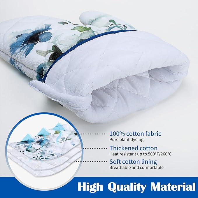 Blue Watercolor Flower Oven Mitts and Pot Holders Sets 100% Cotton Heat Resistant, Extra Long Oven Gloves Potholder for Kitchen Cooking Baking Housewarming