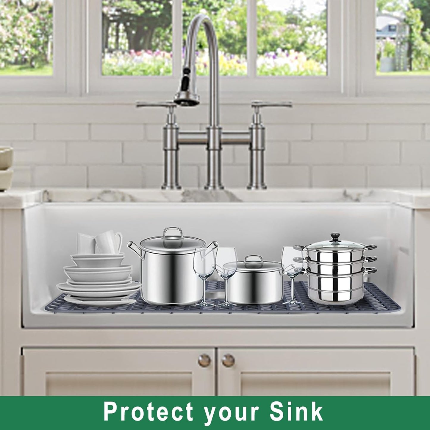 GUUKIN Sink Protectors for Kitchen Sink 19x13 & 24x12.5 & 13x11 & 26x14 & 28x14 & 29x15, Large Silicone Mats Grid for Bottom of Farmhouse Stainless Steel (24x12.5 with 3 Reserved Holes)