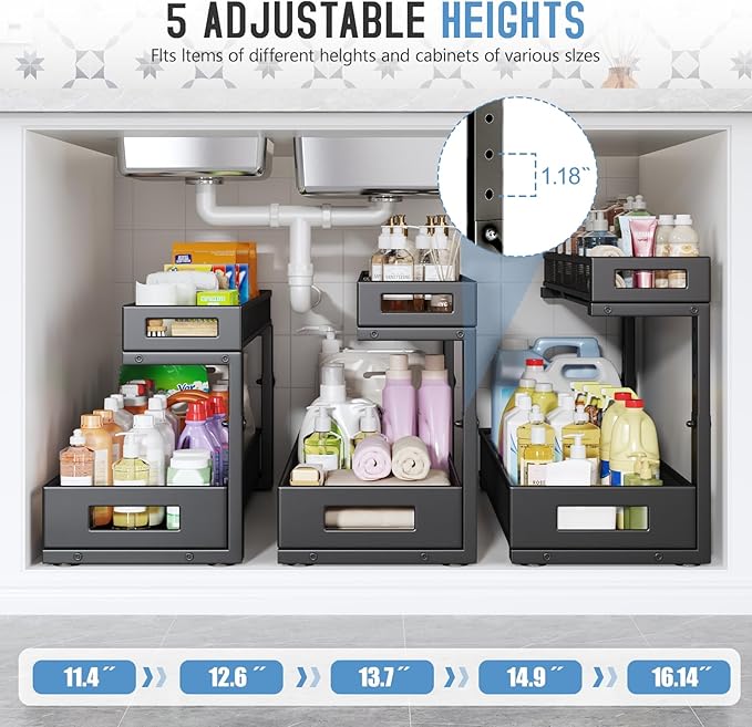 2 Pack 20.47IN Depth Under Sink Storage Organizer, Large 2-Tier Elegant Mesh Pull Out Shelf for Kitchen and Bathroom Cabinet Organization, L-Shaped and Adjustable Height Design-Black