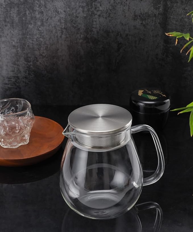 IwaiLoft Glass Teapot with Removable Stainless Steel Filter Lid Stovetop & Microwave Safe Borosilicate Glass Kettle for Loose Leaf, Blooming Tea And Coffee Sharing (24OZ)