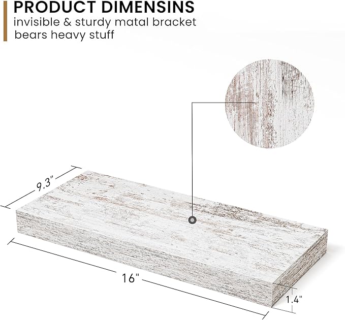 Fun Memories Deep Floating Shelves - 16" W x 9" D x 1.6" H Rustic Grey Wall Shelf - Wall Mounted Shelves for Storage - Wooden Shelves with Invisible Brackets for Living Room, Farmhouse - Set of 2