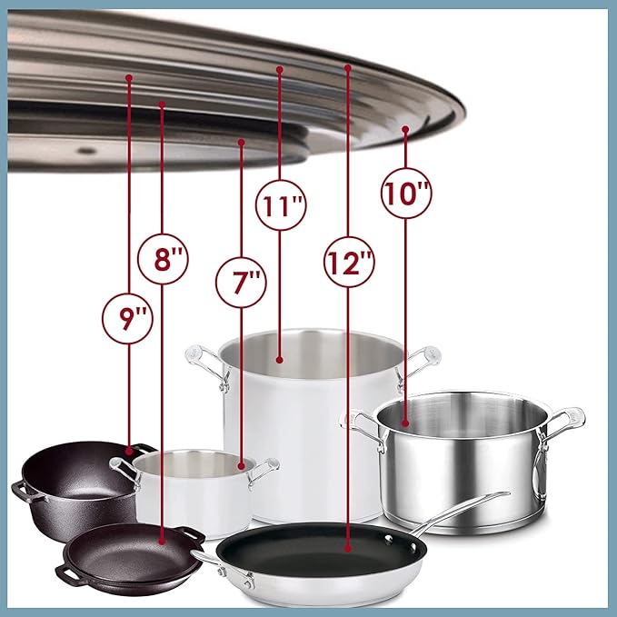 Stainless Steel Universal Lid for Pots, Pans and Skillets - Fits 7" to 12" Pot and Pans - Tempered Glass with Stainless Steel Rim Replacement Frying Pan Cover and Cast Iron Skillet Lid