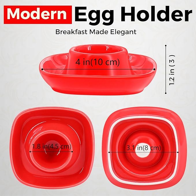 Flexzion Soft Boiled Egg Holder Set - 4-Piece Red Ceramic Egg Cup, Stackable Egg Coddler Cups with Base for Serving, Breakfast, Brunch - Kitchen Table Decor, Red