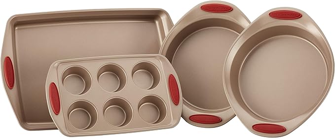 Rachael Ray Cucina Bakeware Set Includes Nonstick Cake Cookie Baking Sheet and Muffin Cupcake Pan, 4 Piece, Latte Brown with Cranberry Red Grips
