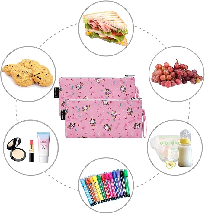 Reusable Sandwich Bag/Snack Bag for Kids & Adults, Dual Layer Lunch Bag with Handle, Washable, Food Safe, BPA Free (2-Pack, Unicorn)