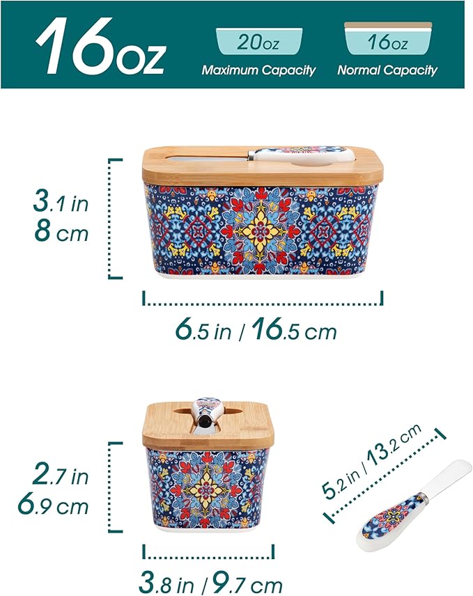 vancasso SIMI Butter Dish with Lid, 6.5" Large Butter Dish for Countertop, Bohemian Ceramic Butter Keeper Container with Knife and Bamboo Lid, Butter Holder for Counter, Twilight Bloom