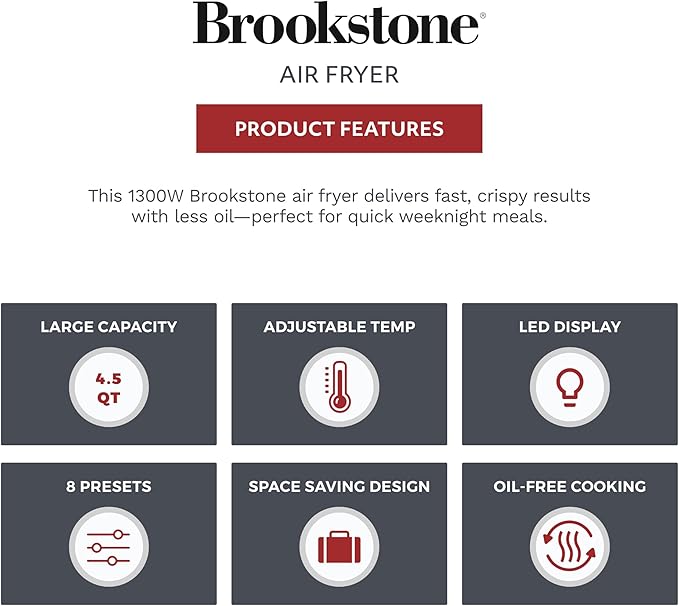 Brookstone Air Fryer – 4.5 Qt, 1300W Large Capacity Fryer with LED Display, 8 Presets, Adjustable Temp, Oil-Free Kitchen Appliance for Baking, Roasting, Frying, Healthy Crispy Meals, Black