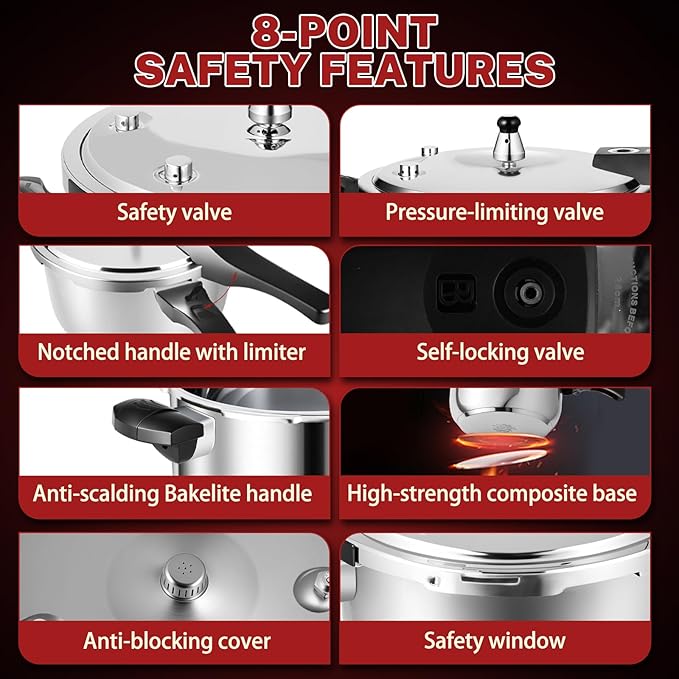 Stainless Steel Pressure Cooker 8 Quart, Stove Top & Induction Compatible, Heavy-Duty Multi-Safety System, Food-Grade for Home Commercial Use, Deeluban