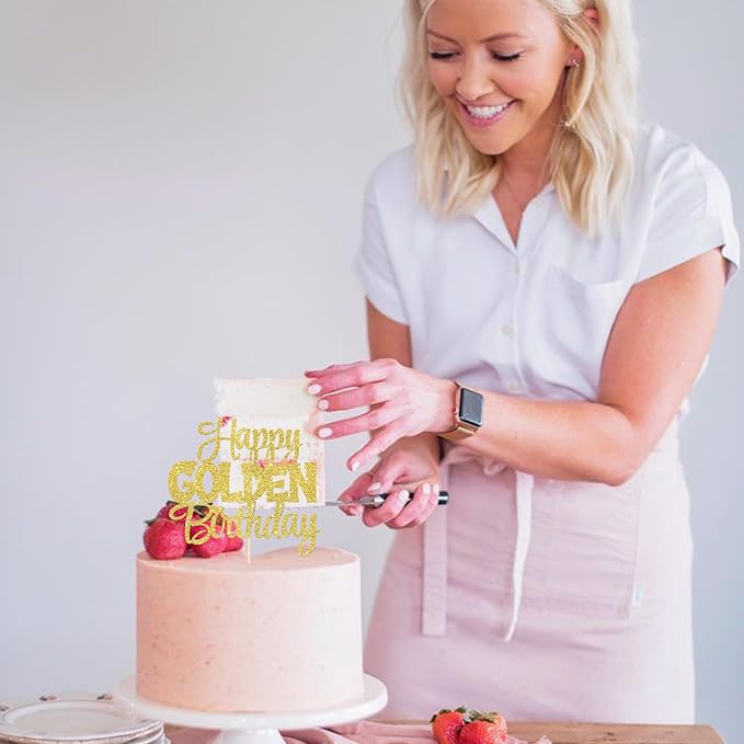 1 PCS Happy Golden Birthday Cake Topper Gold Glitter Birthday Cake Pick 1/13/16/18/21/30/40/60/70/80/90th Cake Decorations for Celebrating 50th Anniversary Theme Party Supplies