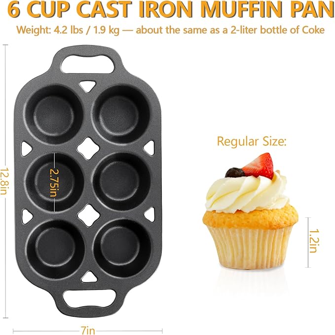 6 Cup Cast Iron Muffin Pan - Pre-Seasoned Nonstick Muffin Tin, Regular Size Cupcake Baking Pan