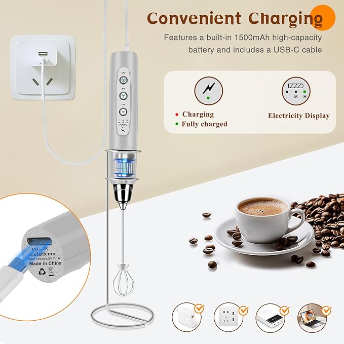 Milk Frother Handheld Rechargeable with Stand, Frother Wand Drink Mixer Electric Whisk for Coffee, Detachable With 3 Stainless Whisks, Hand Mixer for Lattes, Cappuccino, Matcha, Egg, Silver