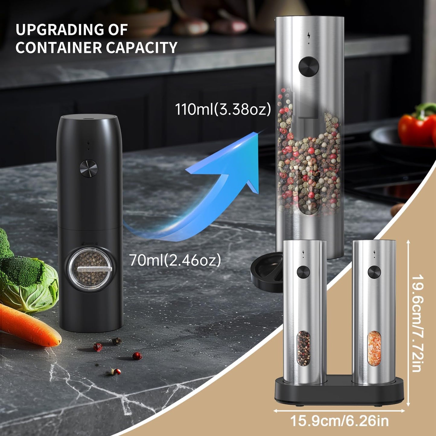 Electric Salt and Pepper Grinder Set with Charging Base，Stainless Steel Automatic Pepper Grinder Set Top-Refill, Flexible Coarsenes, 110ml Larger Capacity with LED Light for Home Kitchen (2 pack)