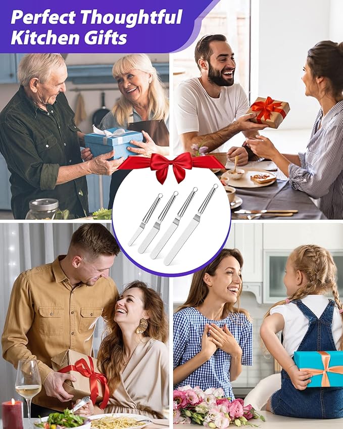 Offset Icing Spatula, Cake Angled Spatula Set with 4, 6, 8 & 10 Inch Blades, Stainless Steel Handle Suitable for Home, Kitchen or Bakery