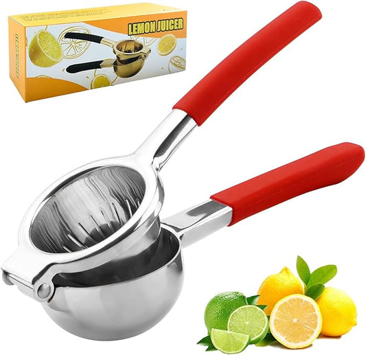 Lemon Squeezer,304 Stainless Steel Citrus Press Juicer,Non-Slip Grip Design Manual Juicer,Heavy Duty Manual Citrus Press Juicer & Lime Squeezer-Silver & Red