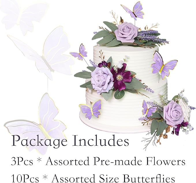 Rinlong 3Pcs Pre-made Purple Cake Flowers Decorations Flower Cake Topper Butterfly Cake Decorating Flowers for Wedding Sweet 16 Birthday Girl