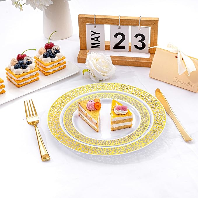 I00000 200 Pieces White and Gold Plastic Plates, Disposable Plastic Plates for 100 Guests Include: 100 Pcs Dinner Plate 10.25” and 100 Pcs Dessert Plate 7.5” with Gold Lace Rim Perfect for Party