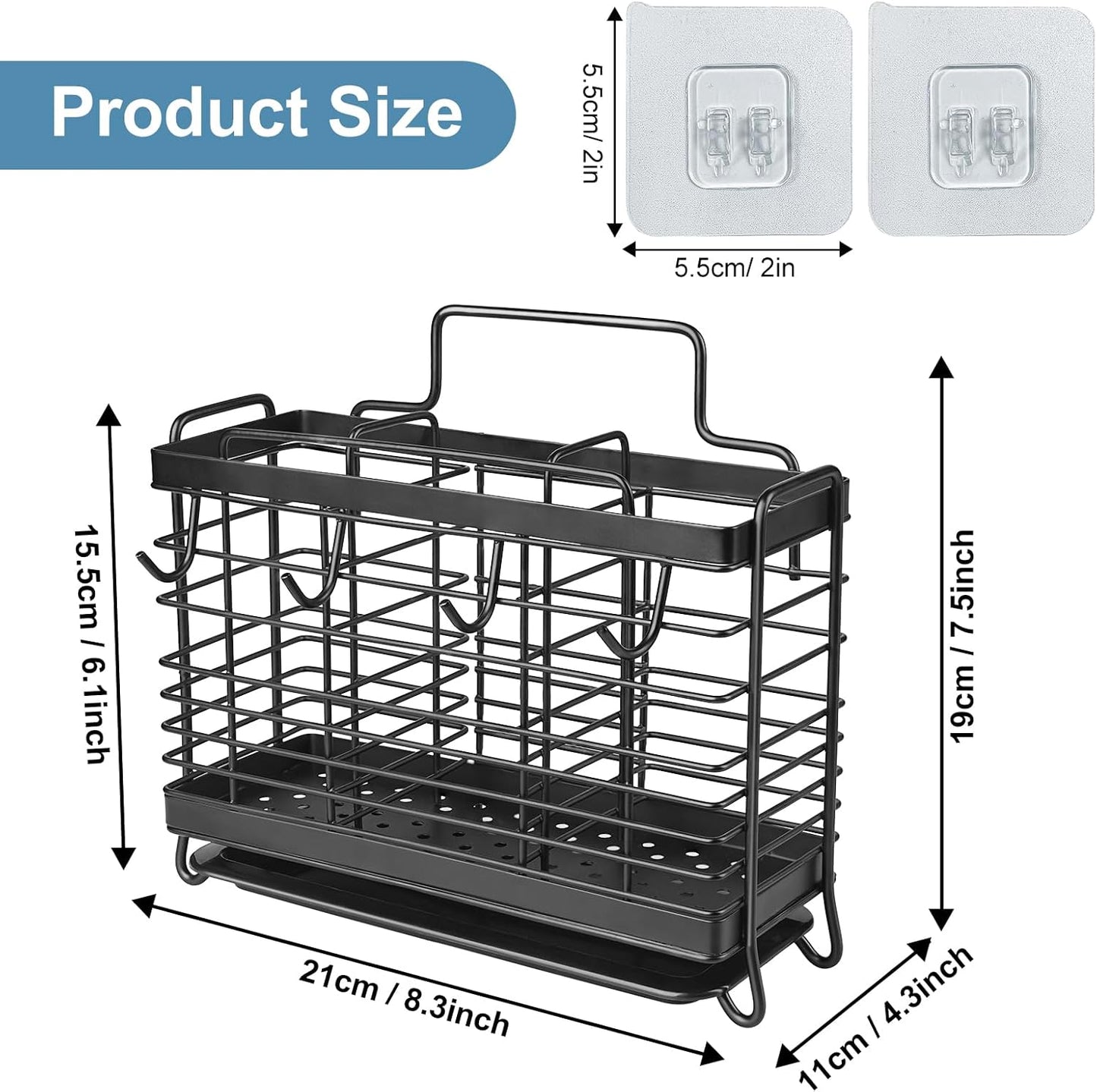 Utensil Holder, Stainless Steel Utensil Drying Rack with Drain Tray, Kitchen Counter Drainer Basket Silverware Cutlery Flatware Holder Forks, Knives, Spoons, Chopsticks Organizer (Black)