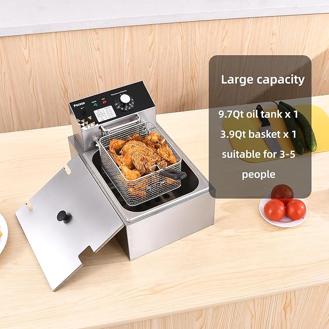 Deep Fryer with Basket, 1700w 9.1Qt Oil Tank/ 4Qt Basket, Stainless Steel Countertop Electric Fryer for Home and Commercial Use, Oil Fryer with Temperature Control and Double Overheat Protection