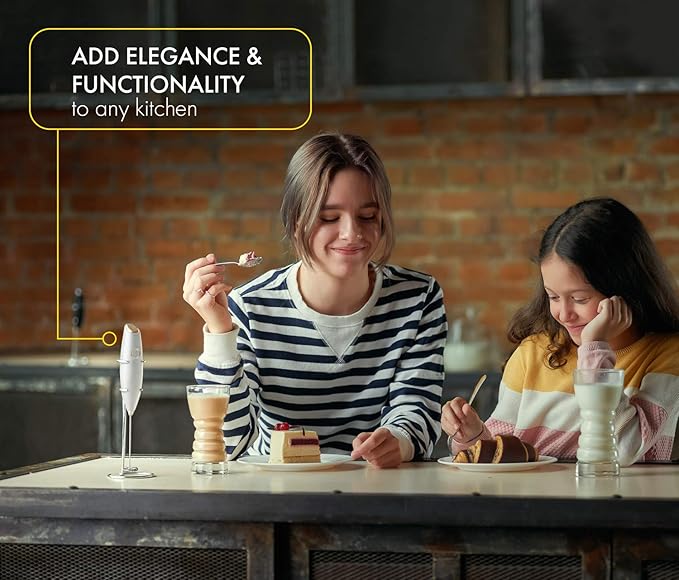 Milk Frother White - Coffee Frother Handheld with Electric Whisk - 19000 rpm - Book Recipes and Stainless Steel Stand Included - Hand Mixer Electric (White and Gold)