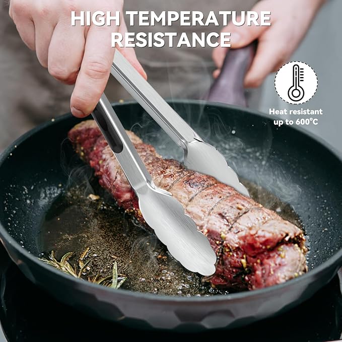 NileHome Tongs for Cooking, Professional Stainless Steel Cooking Tongs – Heat-Resistant for Grilling, BBQ, Serving Salad, Pasta, and Kitchen Use, Dishwasher Safe, Set of 7" 9" 12", Silver